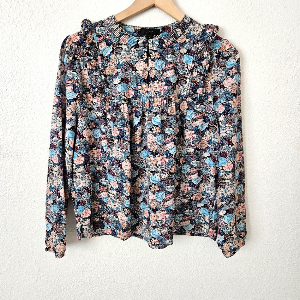 J Crew Esperanza Ruffle Front Top Womens Small S Pink Blue Long Sleeve silk